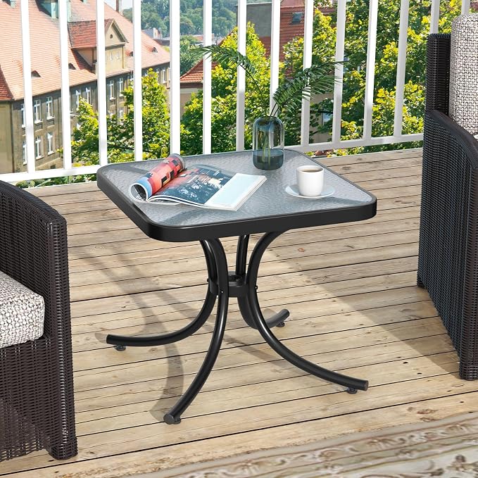 Giantex Small Outdoor Side Table with Tempered Glass Top Set of 2, Heavy-Duty Metal Frame, 110 Lbs Capacity, Square Patio Table for Balcony, Porch, Backyard, Deck, Black