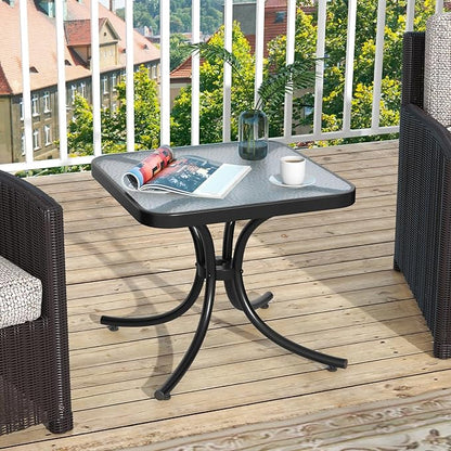Giantex Small Outdoor Side Table with Tempered Glass Top, Heavy-Duty Metal Frame, 110 Lbs Capacity, Square Patio Table for Balcony, Porch, Backyard, Deck, Black