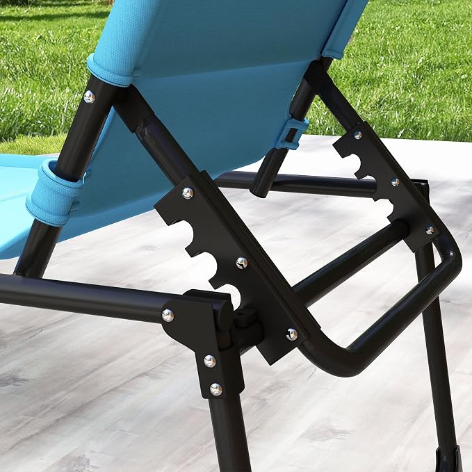 Outsunny 2 Pieces Outdoor Lounge Chair, Adjustable Backrest Folding Chaise Lounge, Cushioned Tanning Chair with Sunshade Roof & Pillow Headrest for Beach, Camping, Hiking, Light Blue