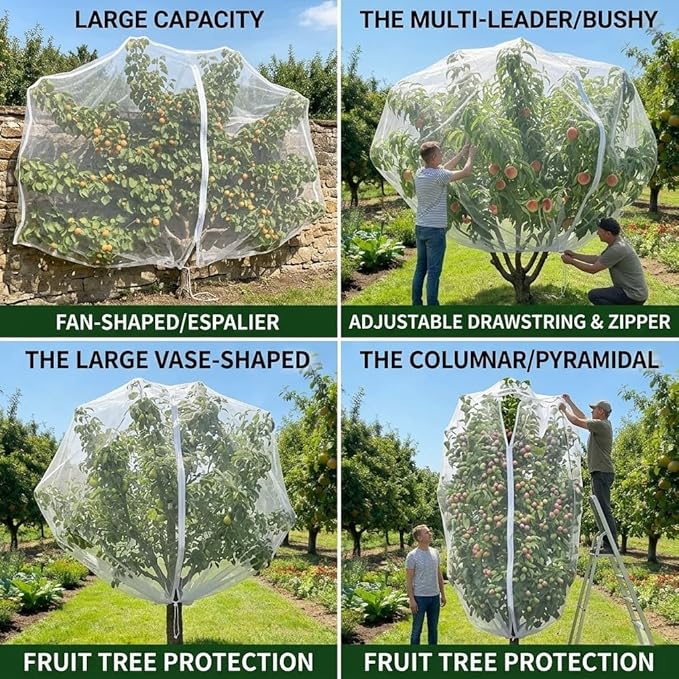 2 Pack 15×15Ft Extra Large Drawstring & Zipper Fruit Tree Netting Cover - Reusable Bird Netting for Blueberry Bushes, Anti-Cicada/Deer/Squirrel Large Plant Protection Net