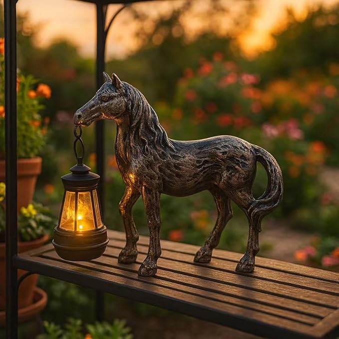 Horse Figurine with Solar Lantern Horse Lamp Decor Garden Statue Outside Outdoor Yard Housewarming Gifts for Mom Women Grandma