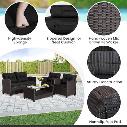 HAPPYGRILL 4 Pieces Patio Furniture Set Outdoor PE Rattan Conversation Set with 2-Tier Coffee Table, Extra Storage Shelf and Cushions, Patio PE Wicker Sofa Set for Garden Backyard Poolside