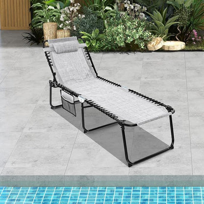 GYMAX Lounge Chairs for Outside, Extra High Folding Beach Tanning Lounger with Adjustable Backrest, Footrest & Removable Pillow, Sunbathing Lounge for Patio, Poolside (1, Grey with Pocket)
