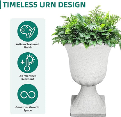 22" Urn Planters Outdoor Planter for Plants Set of 2 Timeless Plastic Large Flower Pot with Drainage Hole Terrazzo White Garden Pots for Porch, Patio Christmas Decor
