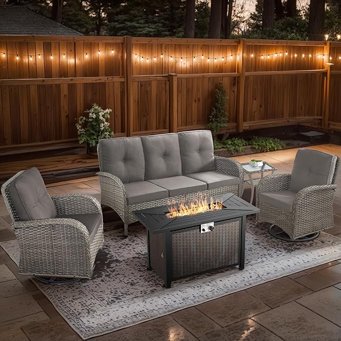5 Piece Patio Furniture Set with Fire Pit Table - Wicker Patio Conversation Set with Swivel Glider, 3-Seat Sofa, Tempered Glass Side Table for Deck Backyard - Grey Wicker Grey Cushion