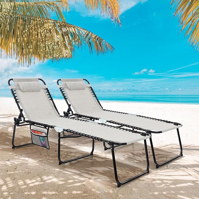 Goplus Chaise Lounge Chair Outdoor, Folding 5-Postion Beach Lounge Chair with Detachable Pillow, Side Pocket, Sunbathing Lounge Chair, Adjustable Tanning Chair for Patio Lawn Pool Yard