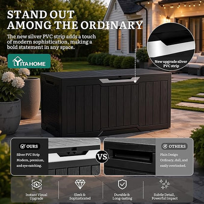 YITAHOME 100 Gallon Large Outdoor Storage Box, Water Resistant Resin Deck Box w/Silver Decorative PVC Trim Pane, Lockable Rattan Storage Container for Patio, Garden, Cushions, Tools(Black & Silver)