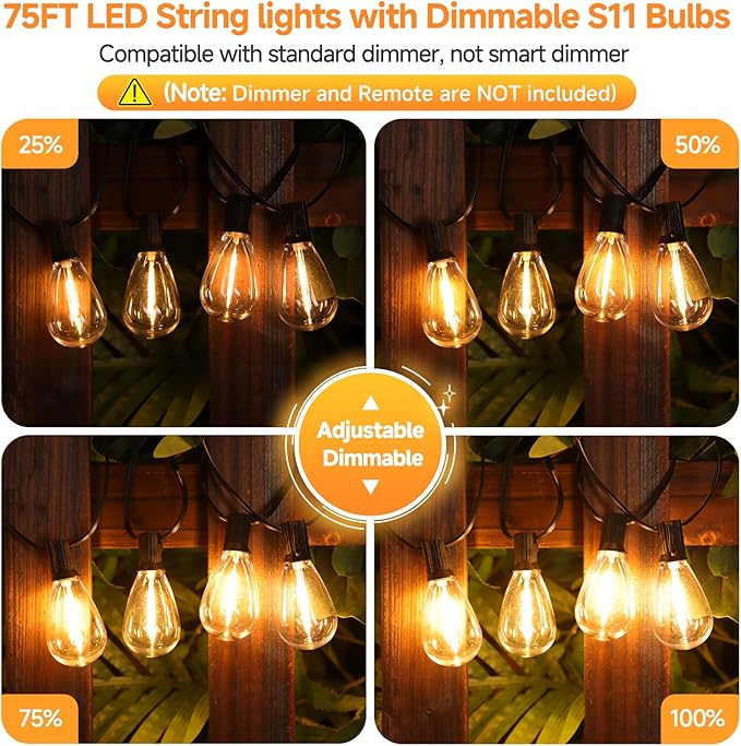 75FT LED Outdoor String Lights S11 Dimmable Patio Light, with 22+2 Waterproof Shatterproof Edison 2700K Bulbs for Outside Backyard Deck, Black
