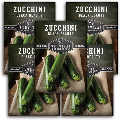 Black Beauty Zucchini Seeds for Planting - Heirloom Summer Squash Variety for Vegetable Garden Growing - High Yield Dark Green Zucchinis - Survival Garden Seeds (5 Packs)