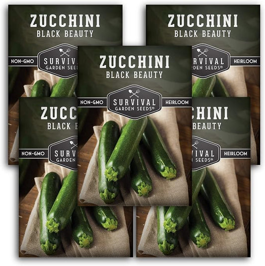 Black Beauty Zucchini Seeds for Planting - Heirloom Summer Squash Variety for Vegetable Garden Growing - High Yield Dark Green Zucchinis - Survival Garden Seeds (5 Packs)