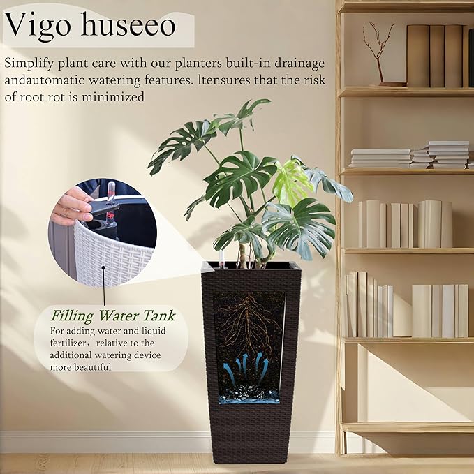 23in Tall Planter Set of 2, Large Self Watering Pots for Indoor/Outdoor Plants with Drain Holes, Water Level Monitor, Inner Bucket for Front Porch Patio, Brown Rattan