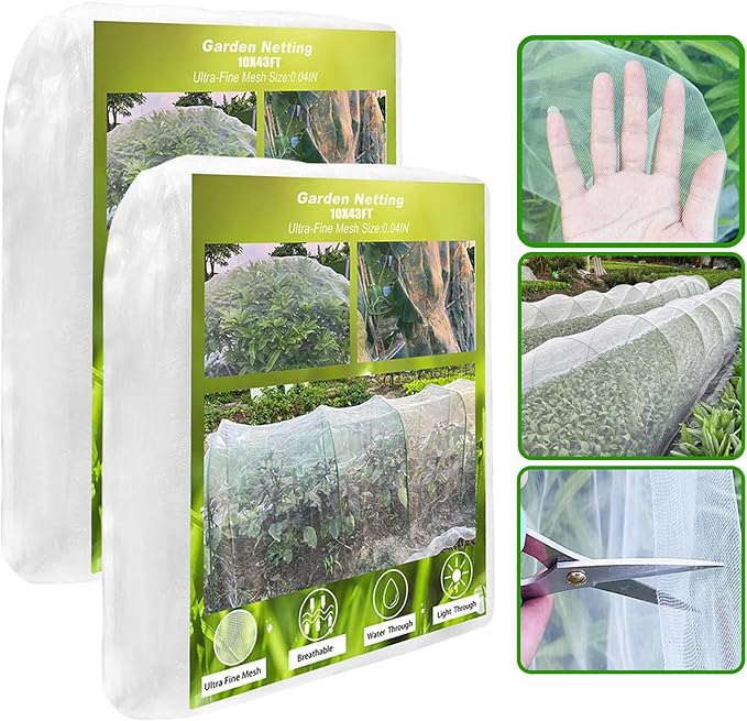 2 Pack 10X43FT Garden Netting for Raised Beds, Ultra Fine Insect Netting for Vegetable Flowers Fruits Greenhouse Crops, Garden Mesh Plant Cover Row Cover Barrier Protection Net for Birds