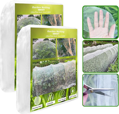 2 Pack 10X43FT Garden Netting for Raised Beds, Ultra Fine Insect Netting for Vegetable Flowers Fruits Greenhouse Crops, Garden Mesh Plant Cover Row Cover Barrier Protection Net for Birds