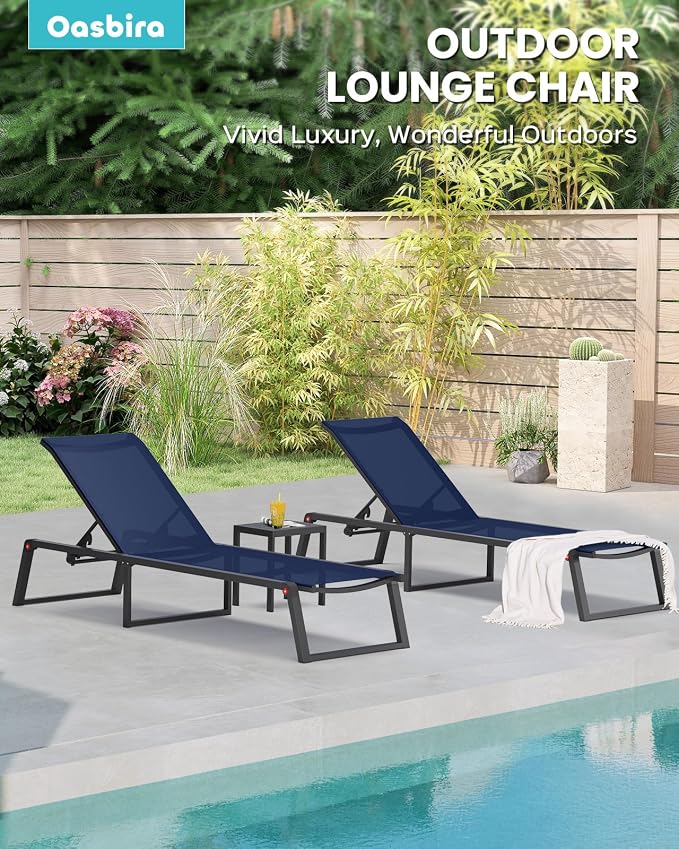 Aluminum Outdoor Chaise Lounge Chair Outdoor, Foldable & No Assembly Patio Pool Lounge Chairs 5-Position Recliner for Outside, Fully Grounded Legs Sun Lounger for Poolside, 4 Packs, Navy Blue