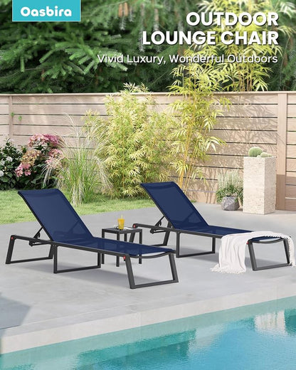 Aluminum Outdoor Chaise Lounge Chair Outdoor, Foldable & No Assembly Patio Pool Lounge Chairs 5-Position Recliner for Outside, Fully Grounded Legs Sun Lounger for Poolside, 4 Packs, Navy Blue