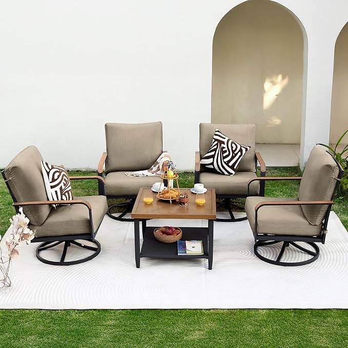 NATURAL EXPRESSIONS 5 Piece Patio Furniture Set, Outdoor Conversation with 4 Pcs Swivel Rocking Chairs and 27" Double-Layer Coffee Table 6" Thick Cushions for Balcony, Backyard, Deck, Porch (Shale)