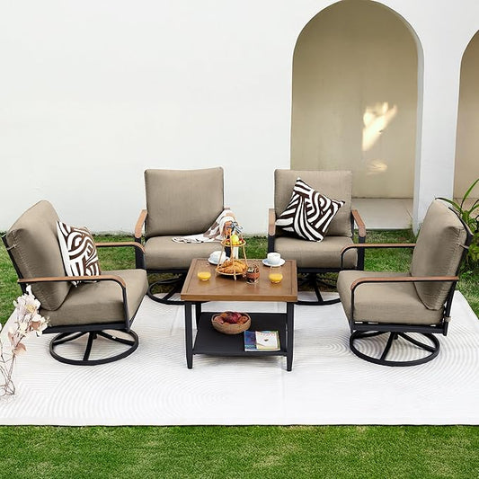 NATURAL EXPRESSIONS 5 Piece Patio Furniture Set, Outdoor Conversation with 4 Pcs Swivel Rocking Chairs and 27" Double-Layer Coffee Table 6" Thick Cushions for Balcony, Backyard, Deck, Porch (Shale)