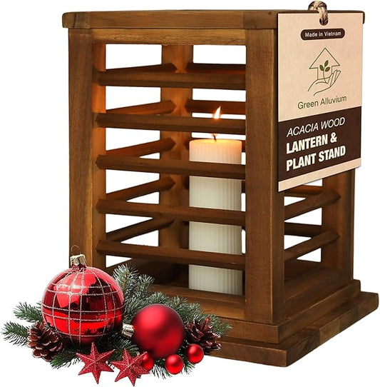 Premium 11.5" H Lantern Decorative Indoor & Outdoor - Large Wooden Candle Lantern & Plant Stand for Holiday Decor, Farmhouse, Patio, Table | Golden Teak Finish