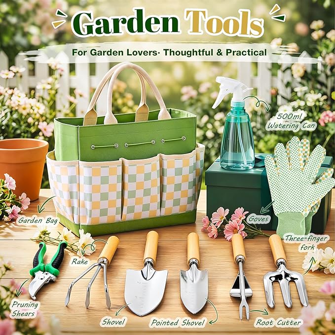 Garden Tool Set, Garden Tools 9-Piece Heavy Duty with Durable Tote Bag, Ergonomic Gardening Tools, Ideal Gardening Gifts for Women, Rust-Resistant Gardening Kit