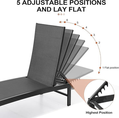 Crestlive Products Lounge Chair Outdoor Set of 2, Aluminum Pool Chaise Lounge Chairs, Adjustable Five-Position Tanning Recliner, All Weather for Patio, Beach, Yard, Pool (Black)