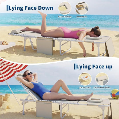 Garvee Tanning Chair with Face Hole, 3-in-1 Outside Beach Lounge Chair with Folding Table, 5 Reclining Positions and Removable Pillow, for Beach, Pool, Patio, Garden -Max 330lbs (Beige)