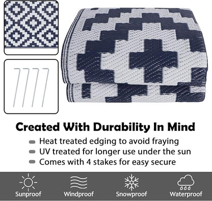SAND MINE Reversible Mats, Plastic Straw Rug, Modern Area Rug, Large Floor Mat and Rug for Outdoors, RV, Patio, Backyard, Deck, Picnic, Beach, Trailer, Camping, Dark Blue & White, 6' x 9'