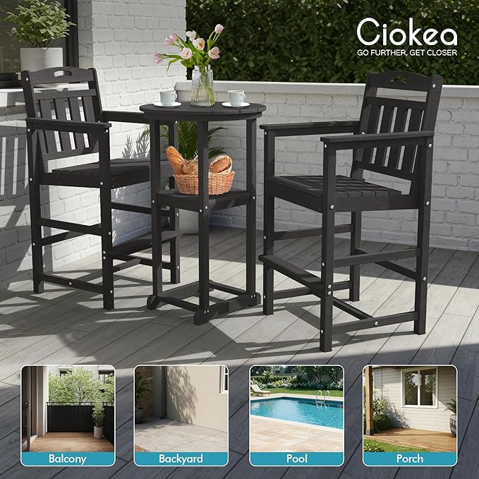Ciokea Balcony Chairs and Table 3 Pieces Set, Outdoor High Top Bar Set, HDPE Oversized Adirondack Bar Chairs Set of 2 and Round Table for Outside Dining Bistro Poolside Backyard, Black