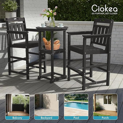 Ciokea Balcony Chairs and Table 3 Pieces Set, Outdoor High Top Bar Set, HDPE Oversized Adirondack Bar Chairs Set of 2 and Round Table for Outside Dining Bistro Poolside Backyard, Black