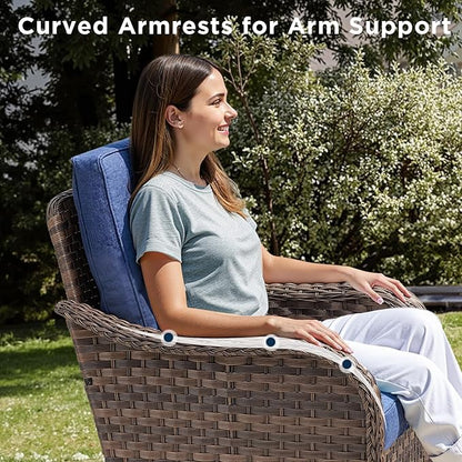 Patio Wicker Chairs Swivel Rocker Outdoor Rocking Chairs Set of 5 Rattan Furniture Set with Thick Cushion, Side Tables, Ottomans for Balcony Deck Backyard, Blue