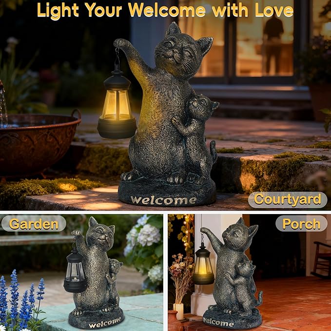Cat Garden Statue Outdoor Decor - Solar Cat Garden Statue,Cats Figurine Ornaments,Waterproof Outdoor Sculptures for Yard Lawn Backyard Patio Balcony Home Decorations,Unique Cats Gifts for Women