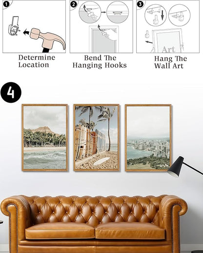UPWOIGH Large Framed Canvas Wall Art, Set of 3 Hawaiian Surf Decor, Island Beach Photography Prints, 16x24 in Natural Cotton, Minimalist Coastal Travel Art for Living Room, Dining Room, Office, Gifts
