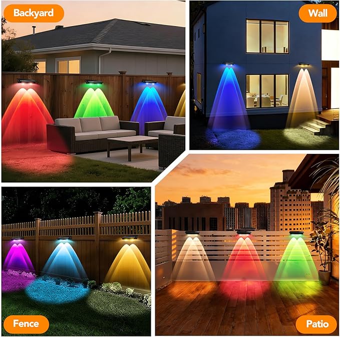 Solar Fence Lights Outdoor 2Pack, Warm White & RGB 6 Color and Glass Panel, Waterproof High Brightness Solar LED Spot Lens Deck Lights for Outside Stairs, Porch Step, Railing, Backyard, Patio