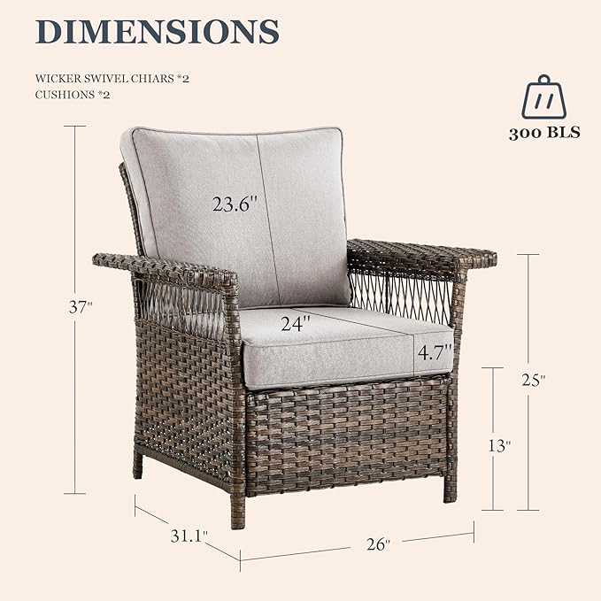 Patio Furniture Set 2 Wicker Patio Chairs 2 PE Rattan Ottomans with Beige Cushions Patio PE Rattan Sofa and Coffee Table Brown Wicker Patio Conversation Set 6pcs for Patio Backyard