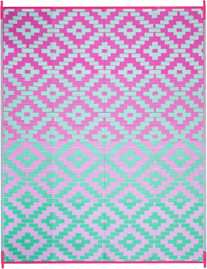 Anidaroel Ombre Outdoor Area Rugs 8x10 Waterproof, Reversible Plastic Straw Outside Rug for Patios Clearance, Large Outdoor Area Rug for RV Camping, Picnic, Camper, Backyard(Green&Pink,8‘x10')