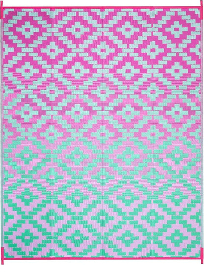 Anidaroel Ombre Outdoor Area Rugs 8x10 Waterproof, Reversible Plastic Straw Outside Rug for Patios Clearance, Large Outdoor Area Rug for RV Camping, Picnic, Camper, Backyard(Green&Pink,8‘x10')