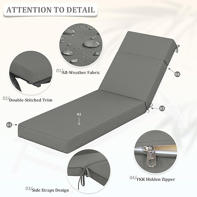 Chaise Lounge Cushions Outdoor, 72" L X 21" W X 4" D Lounge Chair Cushions for Outdoor Furniture, High-Density Foam Outdoor Chaise Cushion-Waterproof Fade-Resistant ThickPatio lounge chair cushion