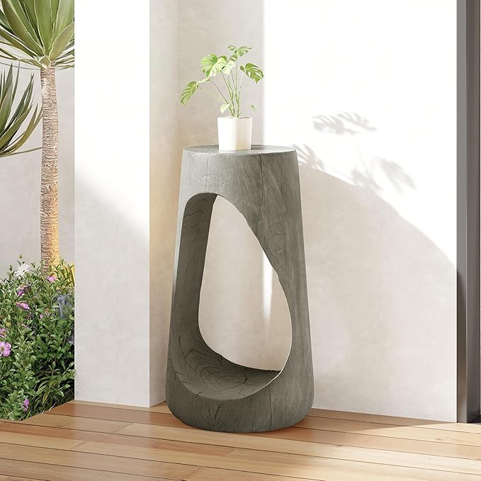 GDFStudio Outdoor Side Table, Lightweight Concrete Patio End Table, Hollow Decorative Garden Stool Accent Table with Wood-Like Texture,MGO Side Table for Balcony, Poolside, or Backyard,Gray
