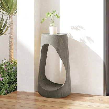 GDFStudio Outdoor Side Table, Lightweight Concrete Patio End Table, Hollow Decorative Garden Stool Accent Table with Wood-Like Texture,MGO Side Table for Balcony, Poolside, or Backyard,Gray
