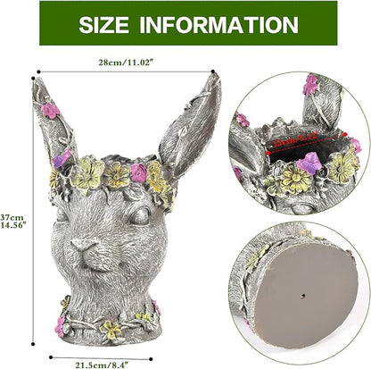 Sungmor Bobby Rabbit Head Planter - Premium Resin & 14.6" Tall Large Garden Pot - Lovely Animal Figurine Ornament Plant Container - Hand-Painted Decorative Plant Pot Indoor Artificial Flower Vase