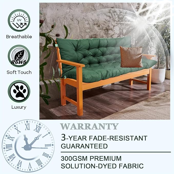 Outdoor Swing Cushions 3 Seater Waterproof, Replacement Bench Cushions for Outdoor Patio Furniture with Backrest, Porch Swing Cushion with Ties for Lawn and Garden (Dark Green, 40x60in)