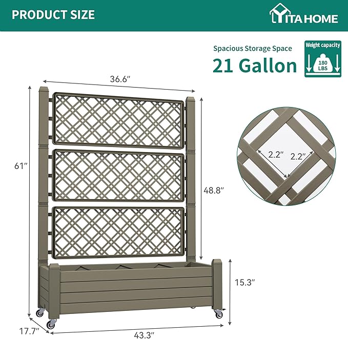 YITAHOME 43.3x17.7x61 in Planter Boxes Outdoor with Trellis, Resin Raised Garden Bed with Wheels & Drain Plug for Climbing Plants, Weather-Resistant Design Elevated Garden Bed with Trellis, Brown