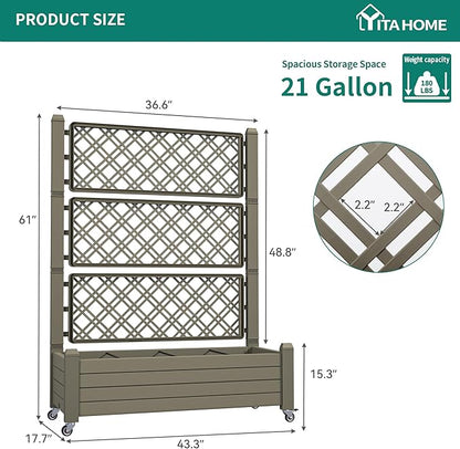 YITAHOME 43.3x17.7x61 in Planter Boxes Outdoor with Trellis, Resin Raised Garden Bed with Wheels & Drain Plug for Climbing Plants, Weather-Resistant Design Elevated Garden Bed with Trellis, Brown
