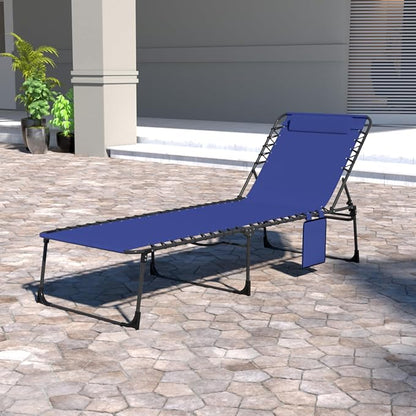 MUPATER 4-Fold Patio Chaise Lounge Chair for Outdoor with Detachable Pocket and Pillow, Portable Sun Lounger Recliner for Beach, Camping and Pool, Blue