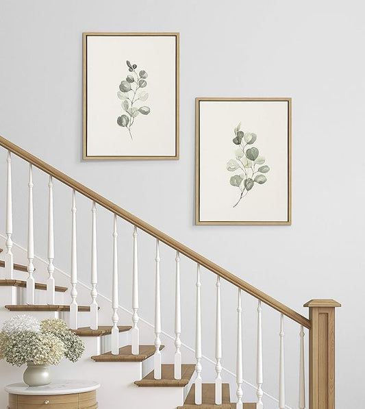 Kate and Laurel Sylvie Eucalyptus Framed Linen Textured Canvas Wall Art Set by Maja Mitrovic of Makes My Day Happy, 18x24 Natural, Sophisticated Botanical Art for Wall