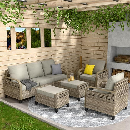 COOS BAY Modern Wicker Outdoor Furniture Set, Patio Conversation Set with Patio Chairs, 3 Seat Couch, and Ottomans, 5 Piece, Brown/Gray