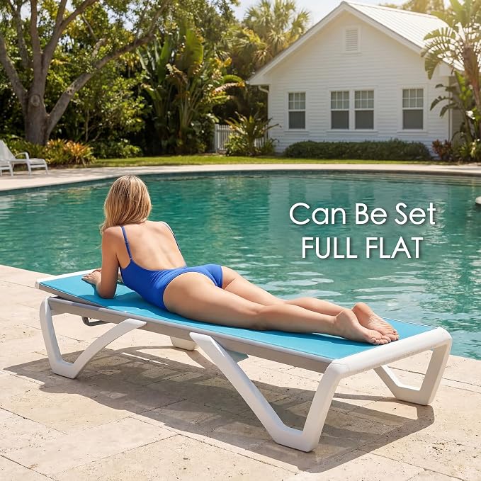 Kozyard Outdoor Chaise Lounge Chair Set Fully Flat Adjustable Patio Lounger | Aluminum Frame, Resin Legs, Textilene Fabric for Poolside, Backyard, Beach, Aqua, Chair + Table