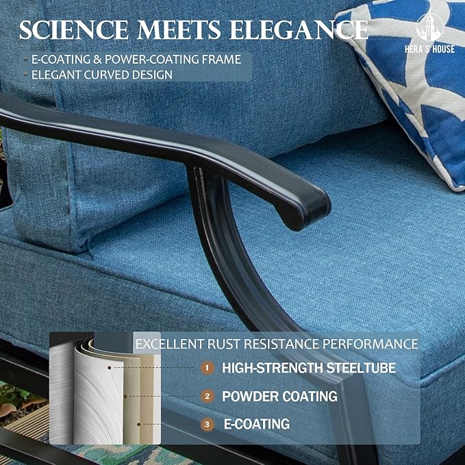 HERA'S HOUSE 5 Pieces Patio Furniture Set, 2 x Rocking Chair, 2 x Ottoman, 1 x 3-Seat Sofa, All Cushioned 7 Seats Metal Outdoor Conversation Set for Lawn Garden Backyard