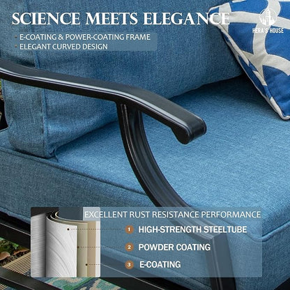 HERA'S HOUSE 5 Pieces Patio Furniture Set, 2 x Rocking Chair, 2 x Ottoman, 1 x 3-Seat Sofa, All Cushioned 7 Seats Metal Outdoor Conversation Set for Lawn Garden Backyard