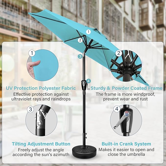 Simple Deluxe 7.5' Patio Umbrella Outdoor Table Market Yard Umbrella with 6 Sturdy Ribs for Backyard, Pool, Garden, Deck, Turquoise
