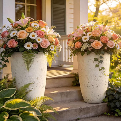 19.5" Resin Tall Planters for Outdoor Plants, Set of 2 Country White Large Flower Pots with Handmade Birch Bark Texture, Heavy-Duty and Weather-Resistant for Year Round Indoor Outdoor use